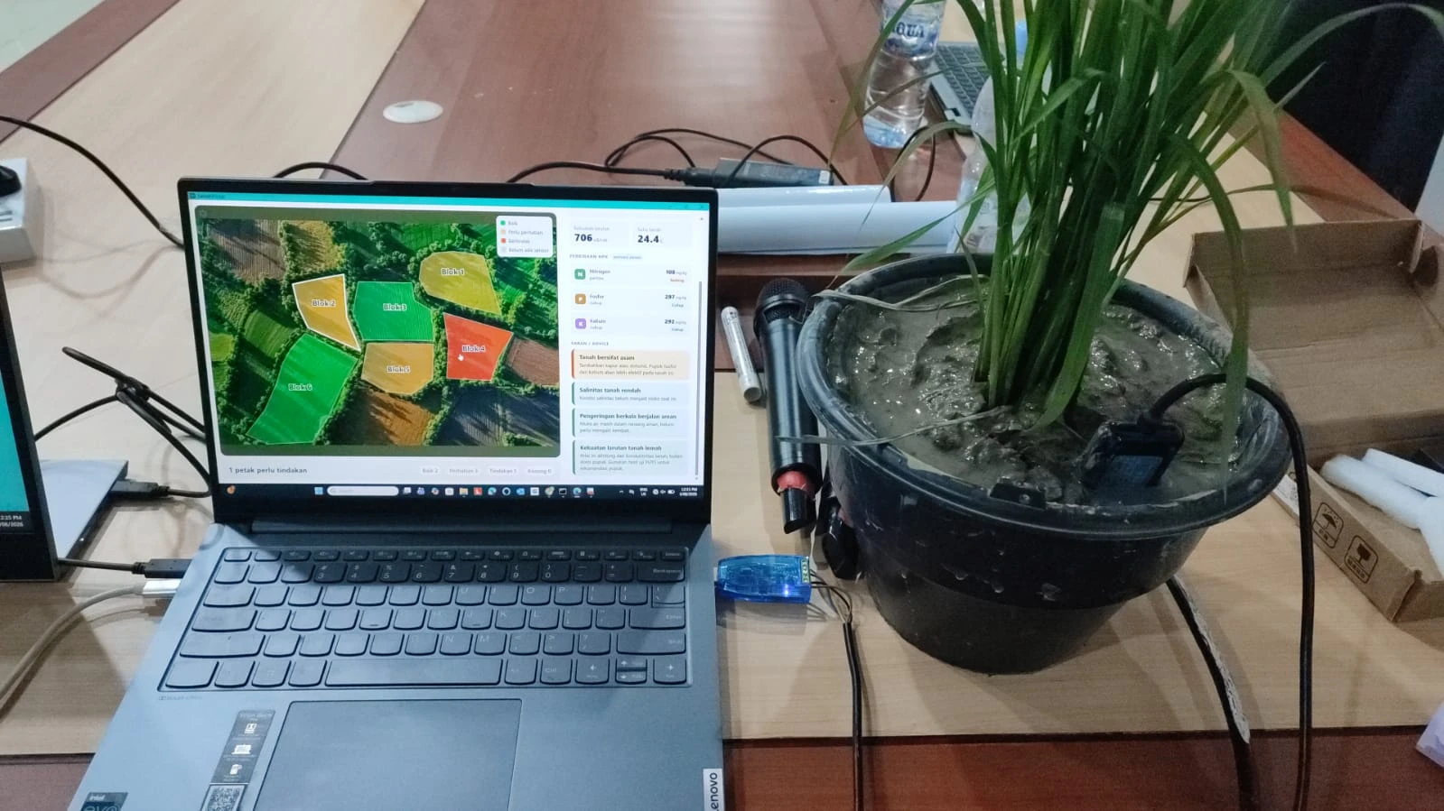 Sensor yang ditanam pada tanah di sekitar tanaman terhubung ke komputer untuk membaca kandungan hara melalui dasbor, sekaligus memberikan rekomendasi penambahan pupuk NPK secara tepat meski dioperasikan secara offline atau dengan akses internet terbatas. (Foto: Muhammad Junai).